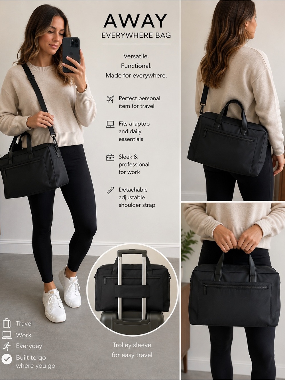 Away Everywhere Bag Black Travel Work Tote Crossbody